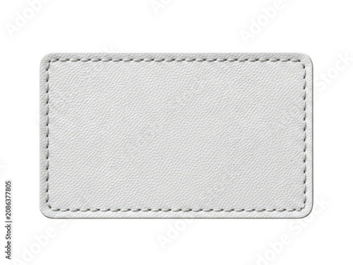Fotografie White leather rectangular patch with stitching isolated on transparent backgroun