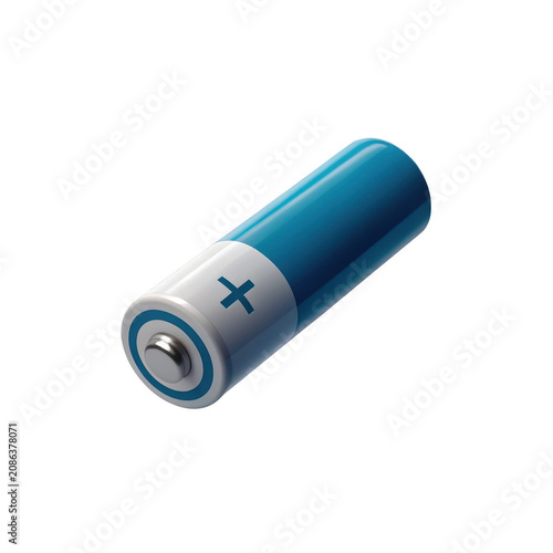 Blue and white cylindrical alkaline battery isolated on a transparent background