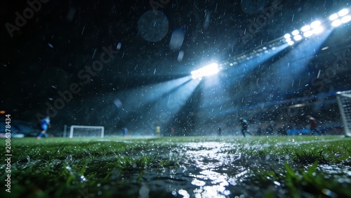 Soccer Stadium Field at Night During Heavy Rain