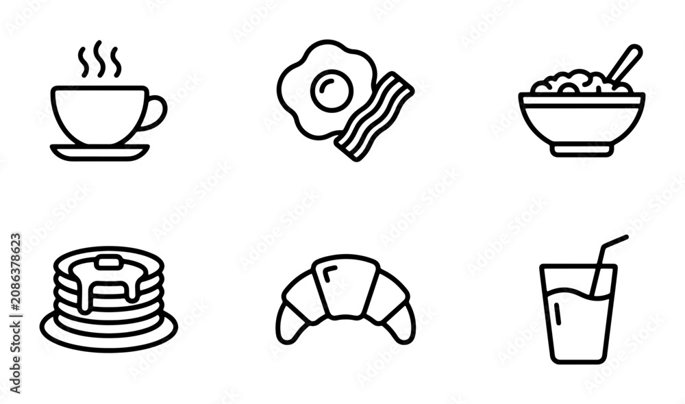 Fototapeta premium Breakfast Icons Set: Coffee, Eggs, Bacon, Cereal, Pancakes, Croissant, Juice Vector