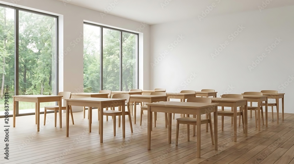 Fototapeta premium Empty classroom with natural light and wood furniture