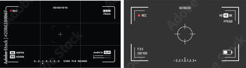 Foto Camera recording viewfinder screen with grid and settings on black and gray backgrounds, video camera interface
