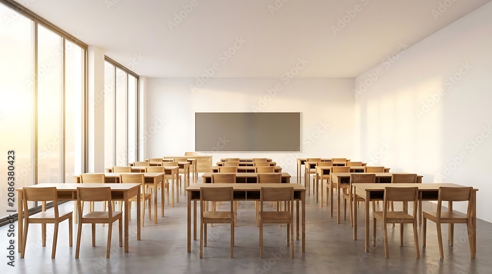Fototapeta premium Empty classroom with rows of desks and large windows with natural light