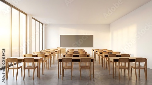 Empty classroom with rows of desks and large windows with natural light