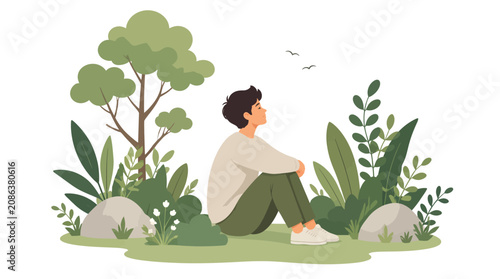 Canvastavla Young man sitting in lush green nature park, looking up at sky, contemplating life and enjoying peaceful outdoor scenery, illustration for wellness