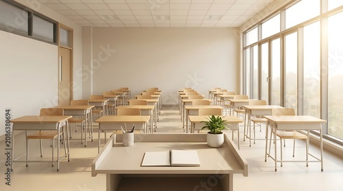 Empty classroom with rows of desks and natural sunlight through windows
