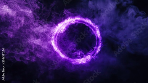 Glowing neon purple ring amidst wispy purple smoke on black, ideal for mystical, futuristic, or spiritual themes.