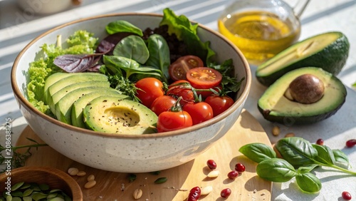 Fresh organic salad bowl topped with sliced avocado, cherry tomatoes, and mixed greens.