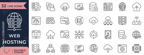 Foto Web Hosting line icon set for Cloud Server, Database, FTP, and Network Security