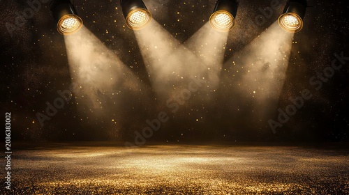 Four spotlights illuminate a shimmering gold stage, creating a dramatic and glamorous atmosphere. Perfect for awards ceremonies, concerts, theater productions, or any project needing a touch