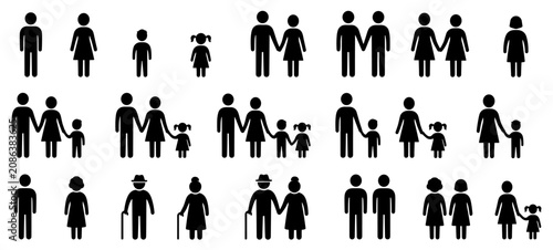Large set of black pictogram icons representing diverse family structures, relationships, and generations, including single adults, children, same-sex couples, and elderly people