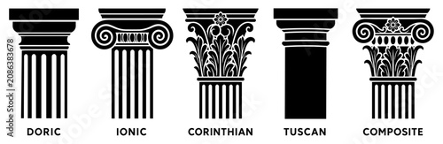 Five classical architectural column orders including Doric, Ionic, Corinthian, Tuscan, and Composite shown as a black silhouette icon set for educational or historical design