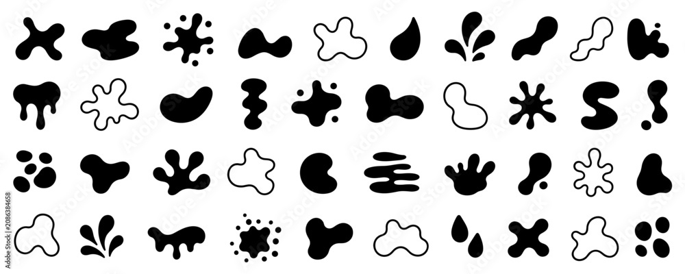 Fototapeta premium Large collection of black abstract liquid shapes, featuring various hand-drawn blobs, splatters, drips, and drops in both solid and outline graphic styles