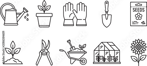 Photography Minimalist gardening line icons set, 10 black outline garden tool vector element