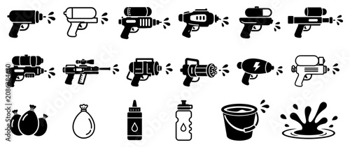 Collection of black water fight icons showing various squirt guns, pistols, blasters, water balloons, a bucket, and a splash, presented in a simple graphic vector style