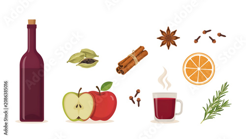 Cuadro en lienzo Pixel art set of mulled wine ingredients including bottle cup apples cinnamon or
