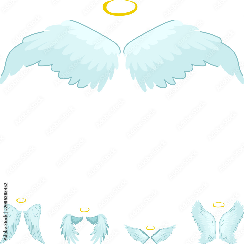 Fototapeta premium Different styles of cartoon angel wings feature light blue feathers and distinct golden halos, offering versatile elements for themes of divinity, spirituality, purity, and celebration