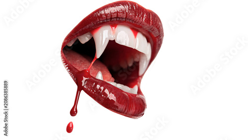 Obraz na płótnie Glossy red lips vampire mouth showing sharp white fangs isolated on transparent