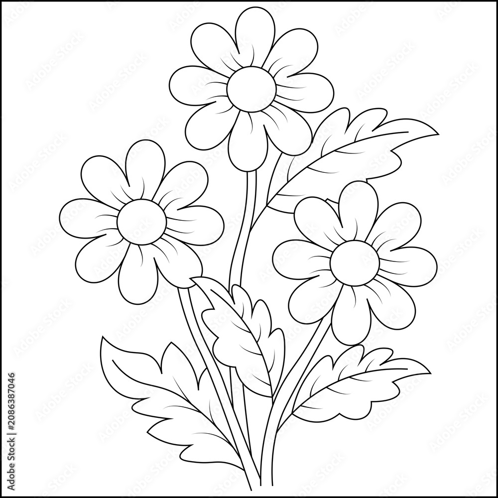 Obraz premium Blooming Flowers Line Art Coloring Page, Floral Outline Illustration