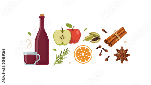 Cuadro en lienzo Pixel art collection of mulled wine ingredients including red wine bottle, glass