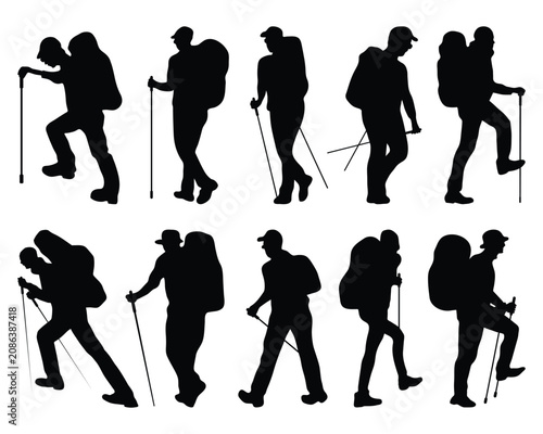 Photos Set of black silhouettes of hikers and trekkers walking