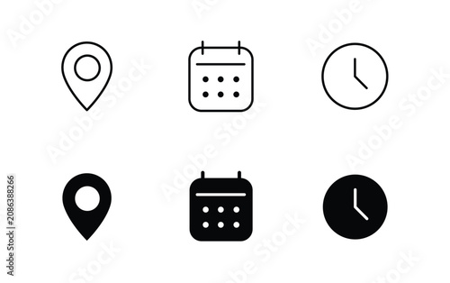 Set of six minimalist location, calendar, and clock icons in outline and solid styles, representing time and place concepts for digital interfaces.