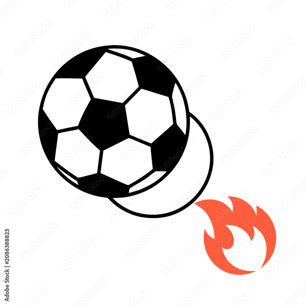 Fototapeta premium Soccer Ball with Flame Trail, Minimalist Flat Vector Football Sport Energy Icon on White