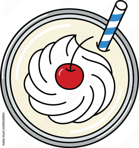 Obraz na plátně Top View of Whipped Cream Dessert with Cherry and Straw in a Bowl, Cartoon Style