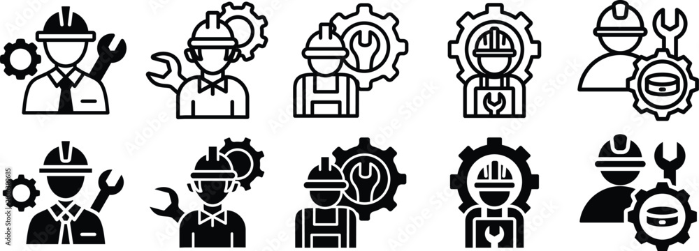 Fototapeta premium Engineer and mechanic vector icons set with gears and tools.