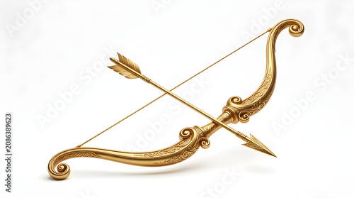 Golden bow and arrow isolated on white background