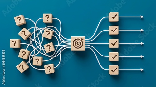 Problem Solving Concept with Wooden Blocks Showing Tangled Lines from Question Marks Resolving into Clear Paths to Checkmarks and Target