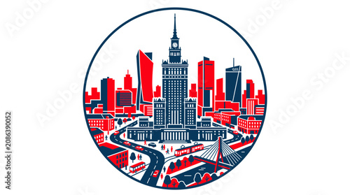 Warsaw Skyline Cityscape Circular Emblem with Palace of Culture and Science