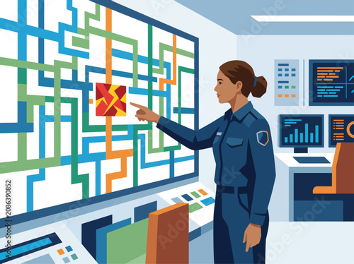 Photos A professional woman monitors a grid management system, responding to an emergency