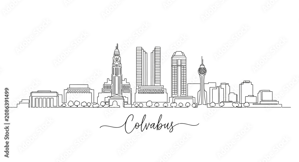 Fototapeta premium Columbus Skyline Outline - Cityline Art - Black and White - Monoline Vector