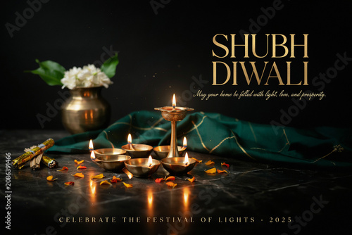 Shubh Diwali greeting card with brass diya lamps, elegant festival of lights 2025 celebration, traditional Indian holiday background with golden text