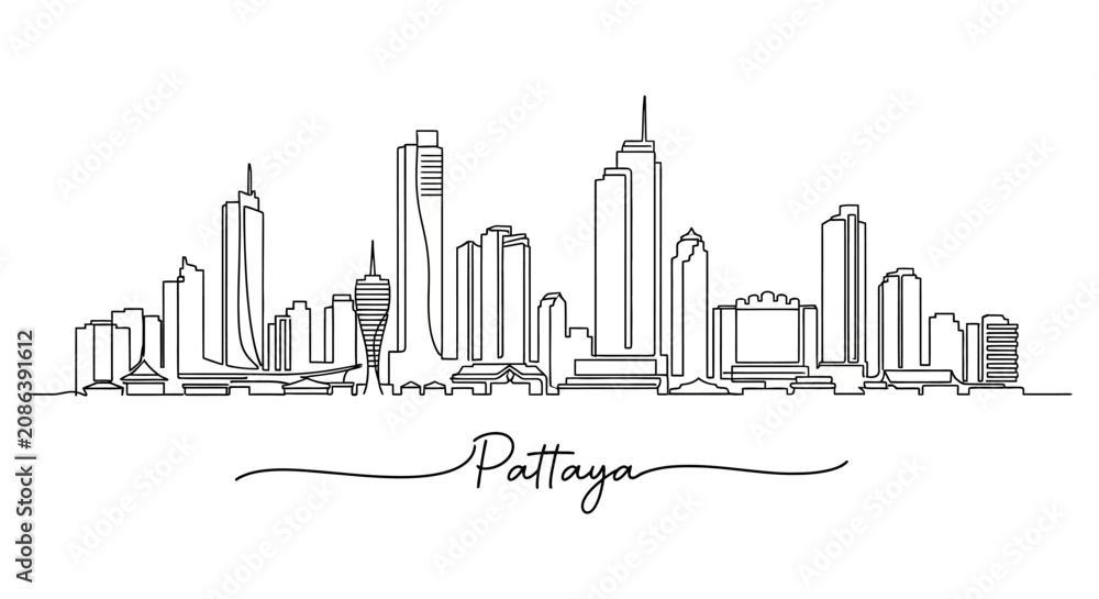 Fototapeta premium Pattaya city skyline, Thailand, minimalist line art, vector drawing of buildings