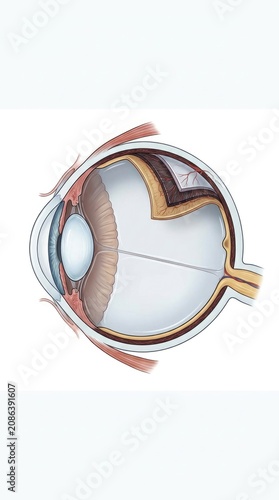 Eye cross section demonstrating anatomical structure, human eyeball cutaway showing cornea, iris, pupil, lens, retina, sclera, choroid, optic nerve, vitreous body, clinical medical education.