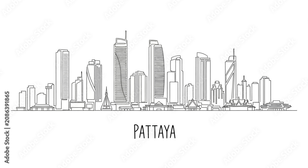 Obraz premium Pattaya Cityscape Outline: Vector Illustration of Buildings & Architecture