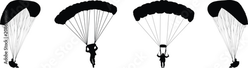 Quadro em tela Set of four paratrooper silhouettes with parachutes against transparent background for extreme sports