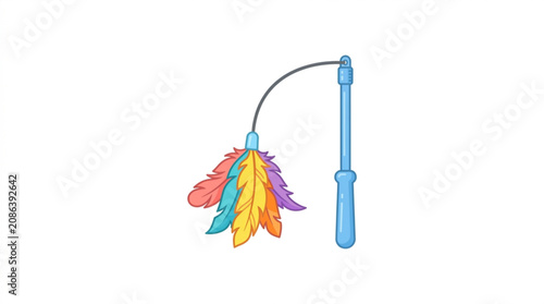 Colorful feather teaser cat toy, pet play, blue handle, feathered lure