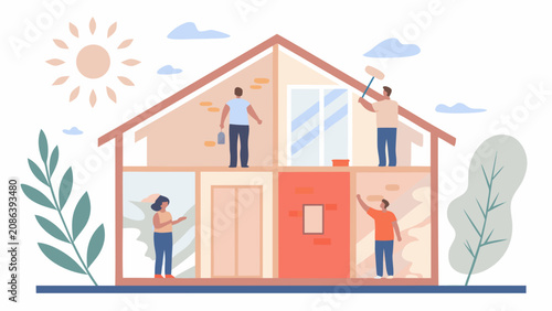 House painting, home renovation, construction workers, colorful illustration, house exterior
