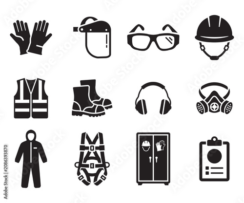 Workplace Safety PPE Silhouette Icon Set - Personal Protective Equipment Black Glyph Icons