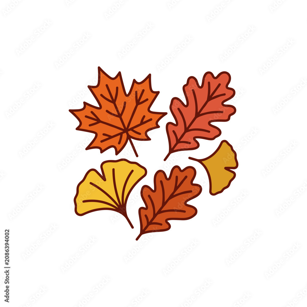 Fototapeta premium Autumn leaves collection in warm colors illustration.