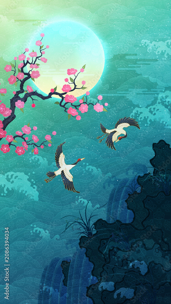 Fototapeta premium Oriental-style landscape painting illustration, traditional Korean art, image of a folding screen featuring plum blossoms, with a crane