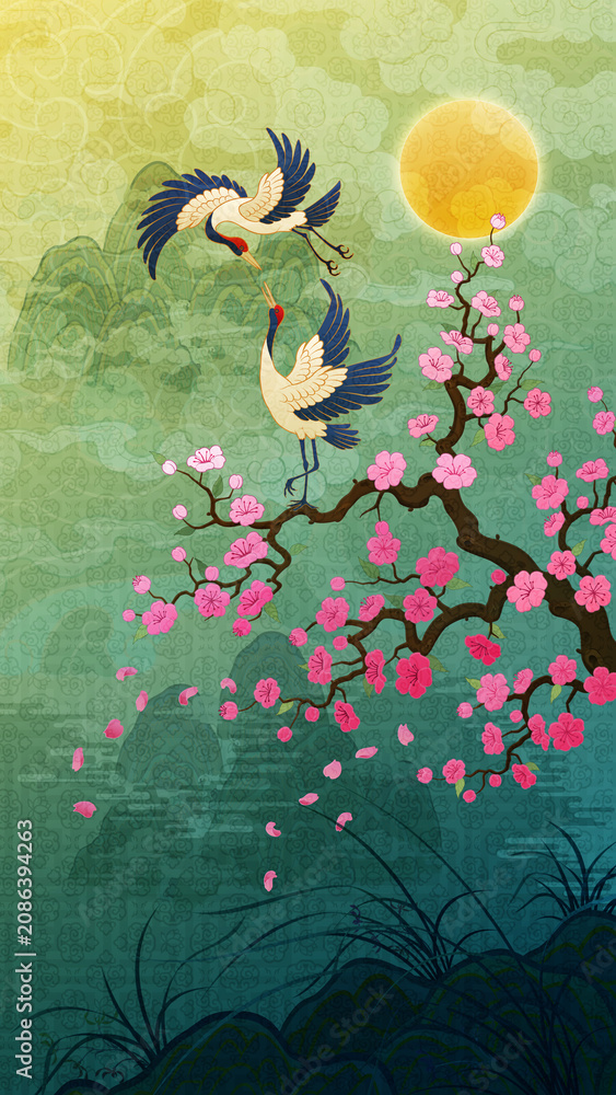 Fototapeta premium Oriental-style landscape painting illustration, traditional Korean art, image of a folding screen featuring plum blossoms, with a crane