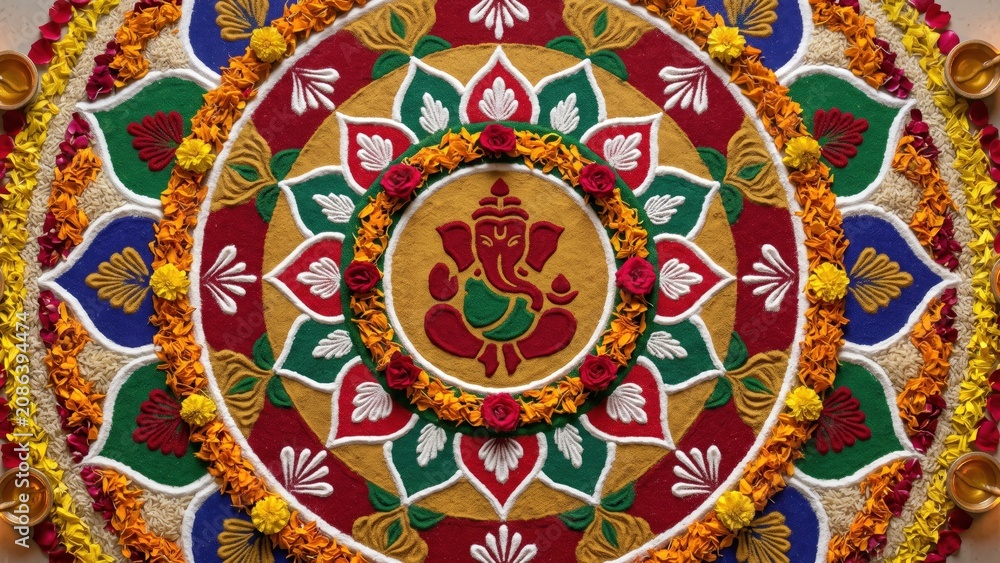 Obraz premium Ganesha Rangoli Mandala – Traditional Festival Flat Lay Design 
