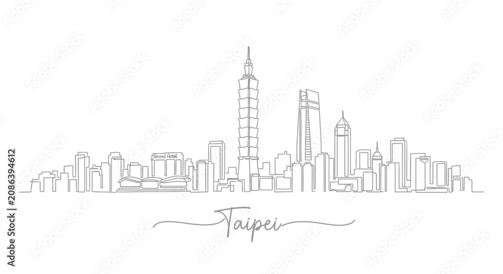 Obraz premium Taipei City Skyline Illustration: Minimal Line Art, Urban Silhouette