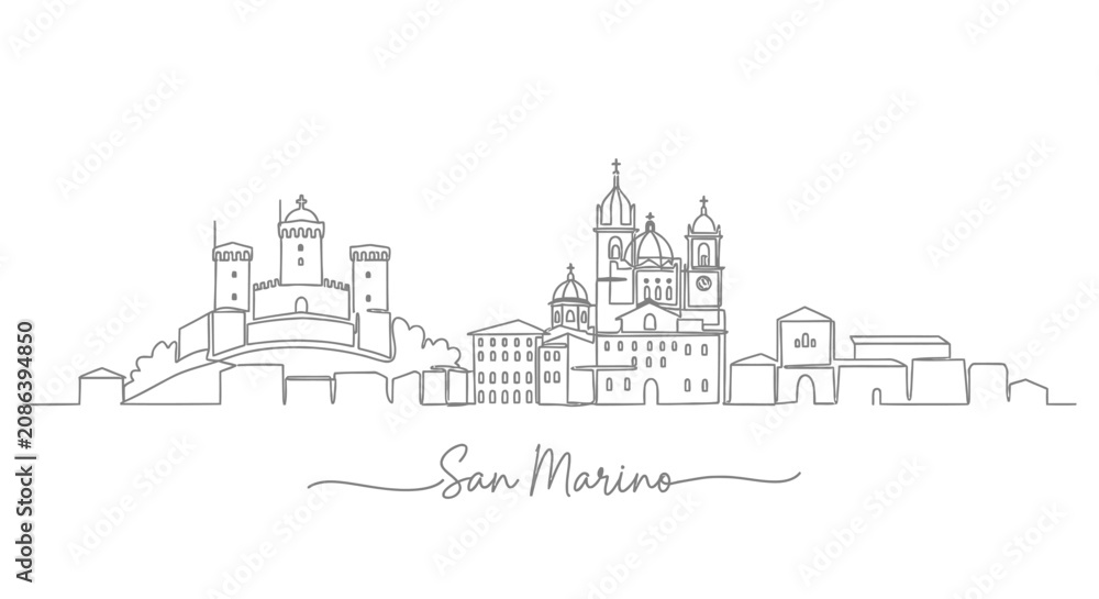 Fototapeta premium San Marino Cityscape Line Art, Italian Landmark Illustration