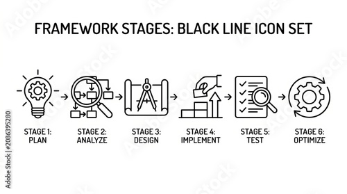 Black Line Icon Set for Framework Development Stages and Workflow Planning.