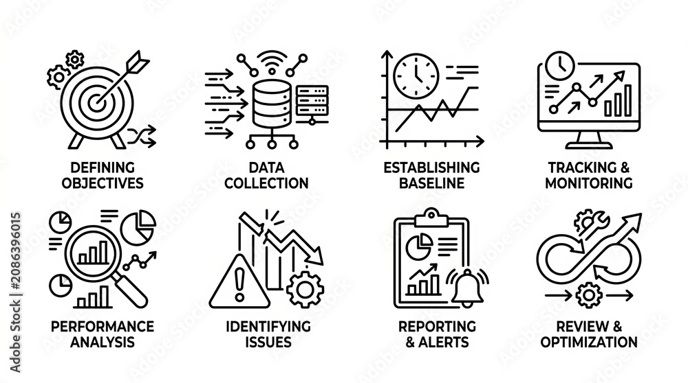 Fototapeta premium Collection of flat design icons representing various business and technology concepts.